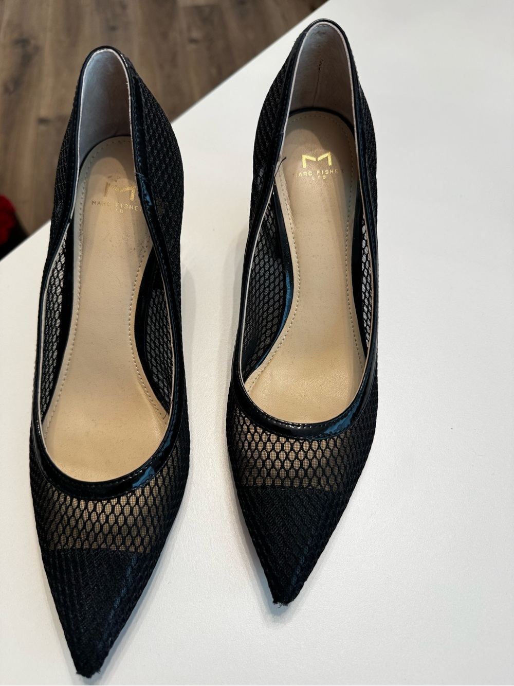 Marc Fisher Black Mesh Pointed Pumps with Patent Trim